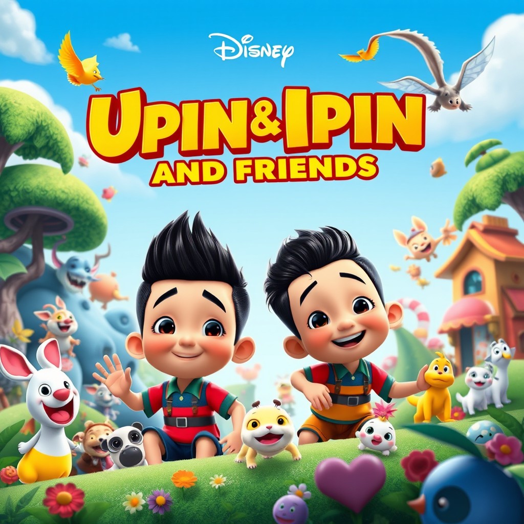 A vibrant and colorful film poster featuring beloved characters from the Malaysian cartoon Upin & Ipin in a heartwarming and adventurous Disney Pixar style