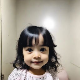 A low-quality, grainy selfie on a phone of a delightful toddler girl with glossy black hair and olive skin. Her cute, cherubic face fills the frame