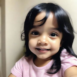 A low-quality, grainy selfie on a phone of a delightful toddler girl with glossy black hair and olive skin. Her cute, cherubic face fills the frame