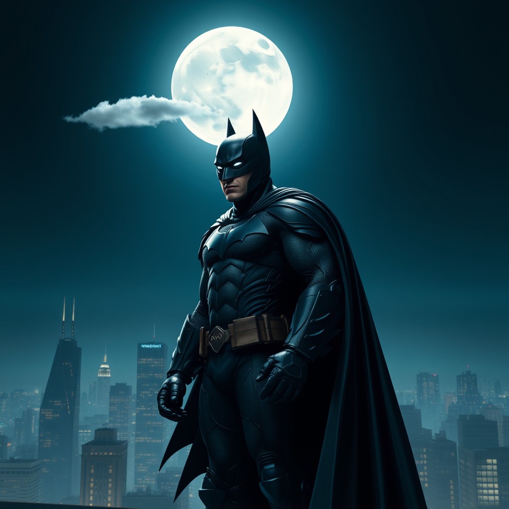 A dramatic and intense scene featuring Batman standing on a Gotham rooftop at night, looking out over the city skyline