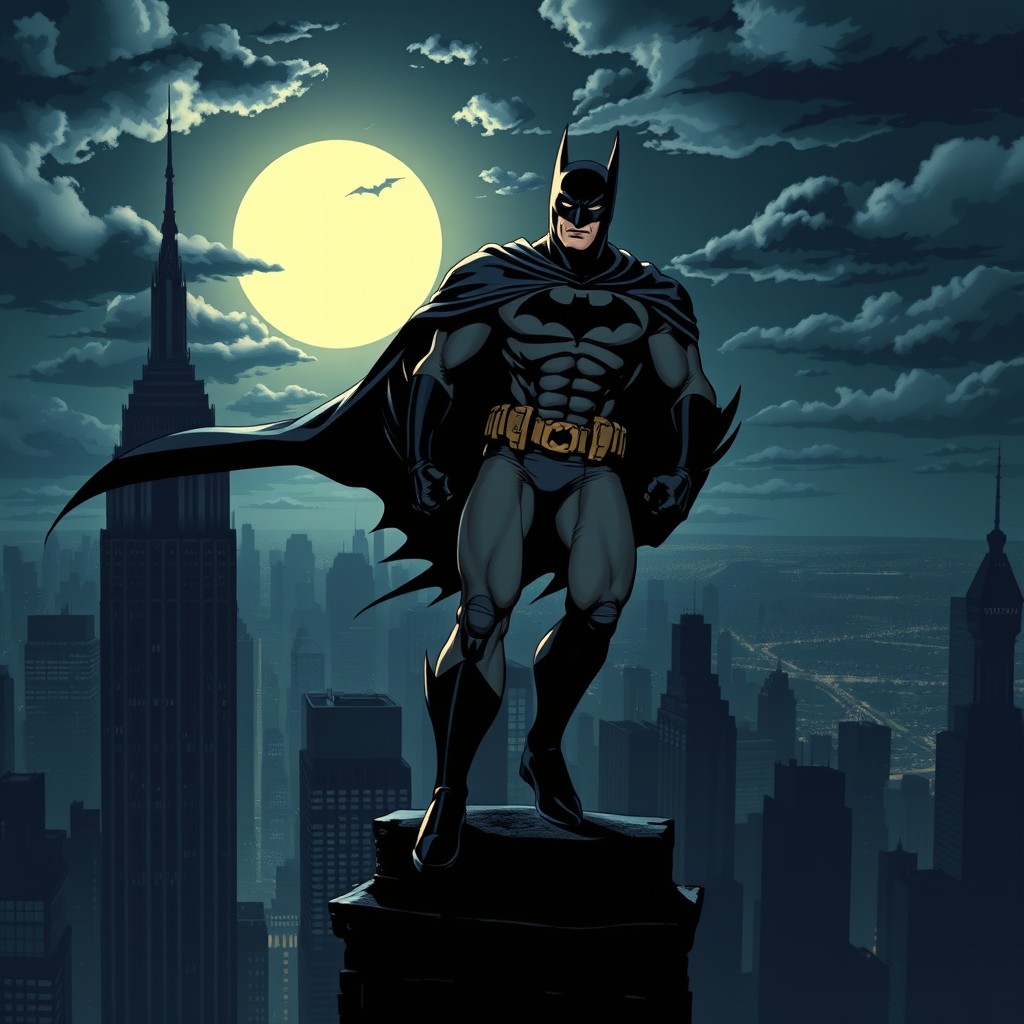 A dynamic and powerful illustration of Batman, standing atop a gothic skyscraper overlooking Gotham City at night