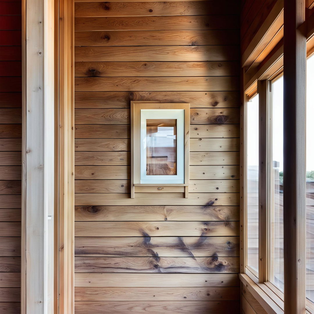 A high-quality photograph of an interior room with timber walls and a window framed by white-painted architraves