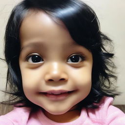 A low-quality, grainy selfie on a phone of a delightful toddler girl with glossy black hair and olive skin. Her cute, cherubic face fills the frame