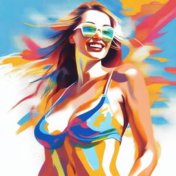 A high-quality digital art piece showcasing a captivating woman in a bikini, playfully smeared with creamy white sunscreen