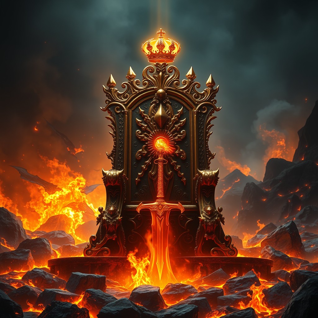 A majestic golden throne forged from molten obsidian and blazing sun-forged metal, featuring intricate designs and craftsmanship