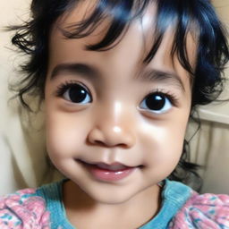 A low-quality, grainy selfie on a phone of a delightful toddler girl with glossy black hair and olive skin. Her cute, cherubic face fills the frame