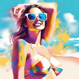 A high-quality digital art piece showcasing a captivating woman in a bikini, playfully smeared with creamy white sunscreen