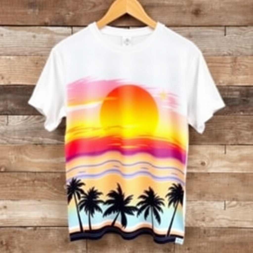 A stylish graphic T-shirt featuring an eye-catching design of a vibrant sunset over a tranquil beach with silhouettes of palm trees in the foreground