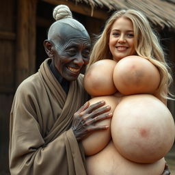 In a medieval village setting, depicting an elderly black woman, short and thin, with decayed teeth, dressed in a long, closed Buddhist robe