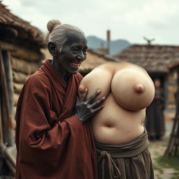 In a medieval village setting, depicting an elderly black woman, short and thin, with decayed teeth, dressed in a long, closed Buddhist robe