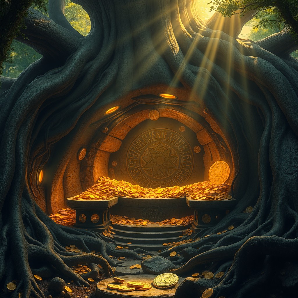 A massive ancient stone vault carved deep within a colossal tree, overflowing with glowing gold coins, rare gemstones, and ancient artifacts