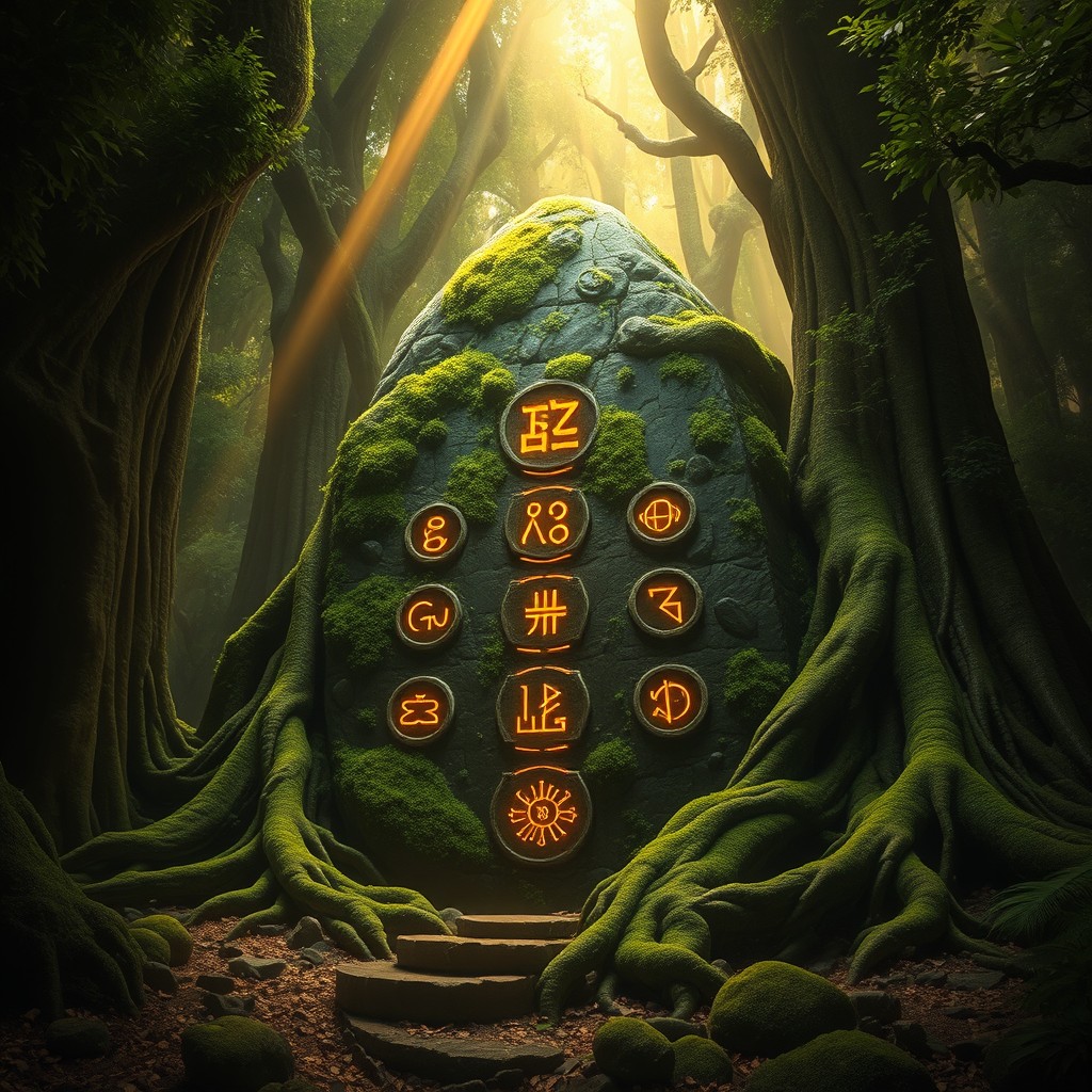 An ancient monolithic stone covered in lush green moss and glowing mystical runes, with giant roots wrapping around it, located deep inside a colossal and mystical forest