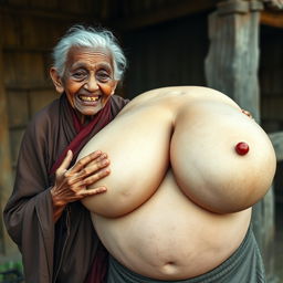 In a medieval village setting, featuring an elderly black woman who is very short and appears malnourished with decayed teeth, dressed in a long, fully closed Buddhist robe