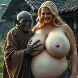 In a medieval village setting, featuring an elderly black woman who is very short and appears malnourished with decayed teeth, dressed in a long, fully closed Buddhist robe