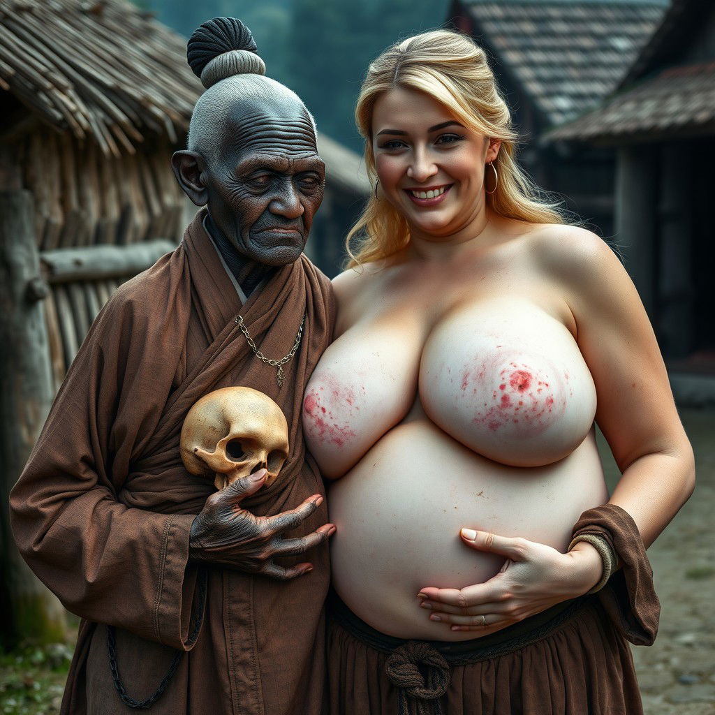 In a medieval village setting, featuring an elderly black woman who is very short and appears malnourished with decayed teeth, dressed in a long, fully closed Buddhist robe with a bun hairstyle and skull earrings