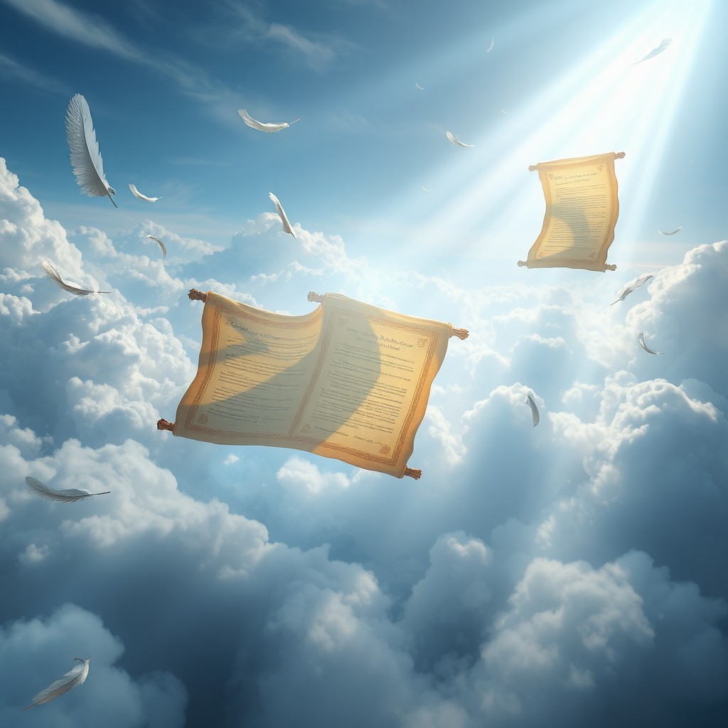 A set of ancient floating scrolls glowing with celestial light, suspended high among swirling clouds
