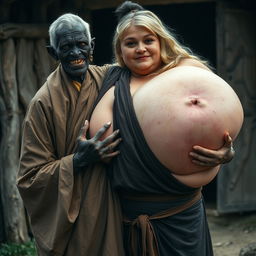 In a medieval village, there is an elderly black woman who is very short and appears malnourished, with decayed teeth, dressed in a long, fully closed Buddhist robe, her hair styled in a bun and adorned with sharp-toothed earrings