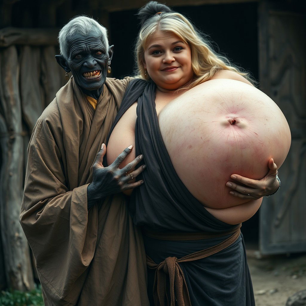 In a medieval village, there is an elderly black woman who is very short and appears malnourished, with decayed teeth, dressed in a long, fully closed Buddhist robe, her hair styled in a bun and adorned with sharp-toothed earrings