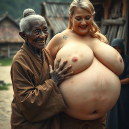 In a medieval village, there is an elderly black woman who is very short and appears malnourished, with decayed teeth, dressed in a long, fully closed Buddhist robe, her hair styled in a bun and adorned with sharp-toothed earrings