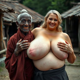 In a medieval village, there is an elderly black woman who is very short and appears malnourished, with decayed teeth, dressed in a long, fully closed Buddhist robe, her hair styled in a bun and adorned with sharp-toothed earrings