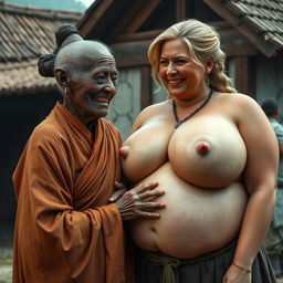 In a medieval village setting, an elderly black woman of short stature and malnourished appearance is wearing a long, fully closed Buddhist robe