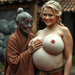 In a medieval village setting, an elderly black woman of short stature and malnourished appearance is wearing a long, fully closed Buddhist robe