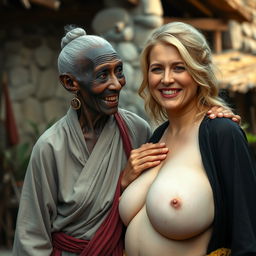 In a medieval village, an elderly black woman of short stature appears thin and malnourished, with decayed teeth