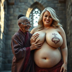 In a medieval castle environment, an elderly black woman, characterized by her short stature and malnourished appearance, is depicted wearing a long, fully closed Buddhist robe