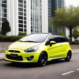 A high-resolution photograph of a tuned Mitsubishi Colt CZC convertible in a bright, eye-catching color