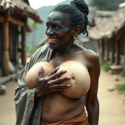 In a medieval village, an elderly black woman, short, emaciated with rotten teeth, is dressed in a long, closed Buddhist robe