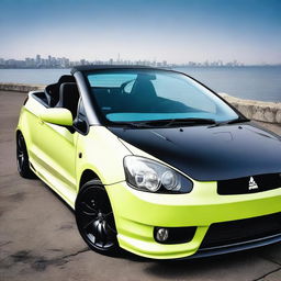 A high-resolution photograph of a tuned Mitsubishi Colt CZC convertible in a bright, eye-catching color