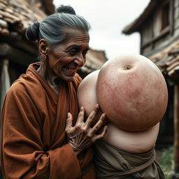 In a medieval village, an elderly black woman, short and emaciated with rotten teeth, is wearing a long, closed Buddhist robe