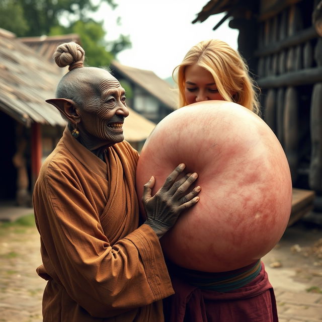 In a medieval village, an elderly black woman, very short and malnourished with rotten teeth and elf-like ears, is dressed in a long, closed Buddhist robe