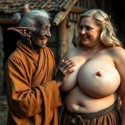 In a medieval village, an elderly black woman, very short and malnourished with rotten teeth and elf-like ears, is dressed in a long, closed Buddhist robe