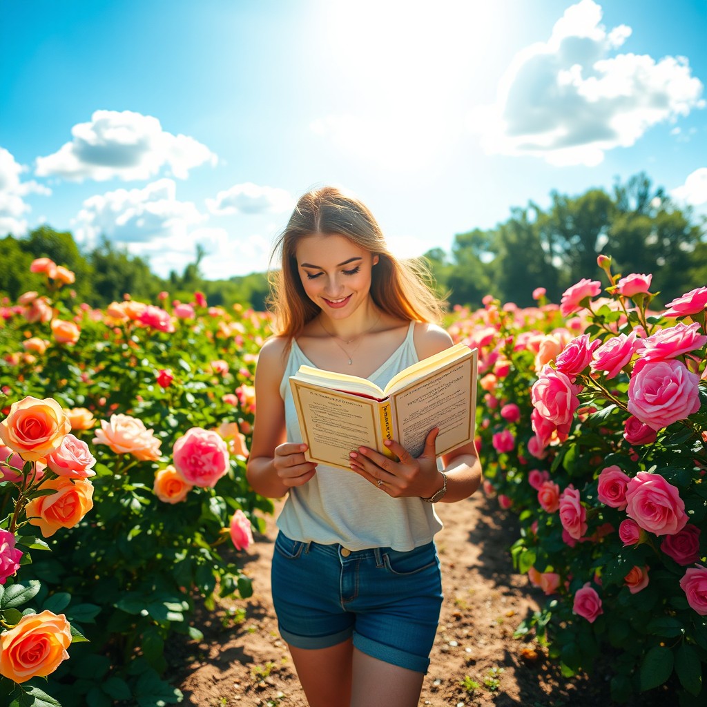 A person holding a book while walking through a beautiful rose garden, surrounded by vibrant, colorful roses in full bloom