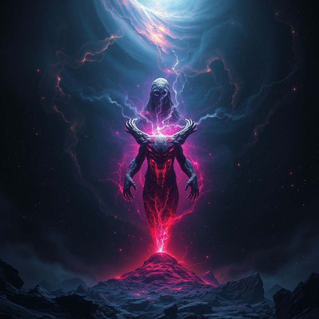 A dark cosmic void filled with a menacing, ancient cosmic anomaly