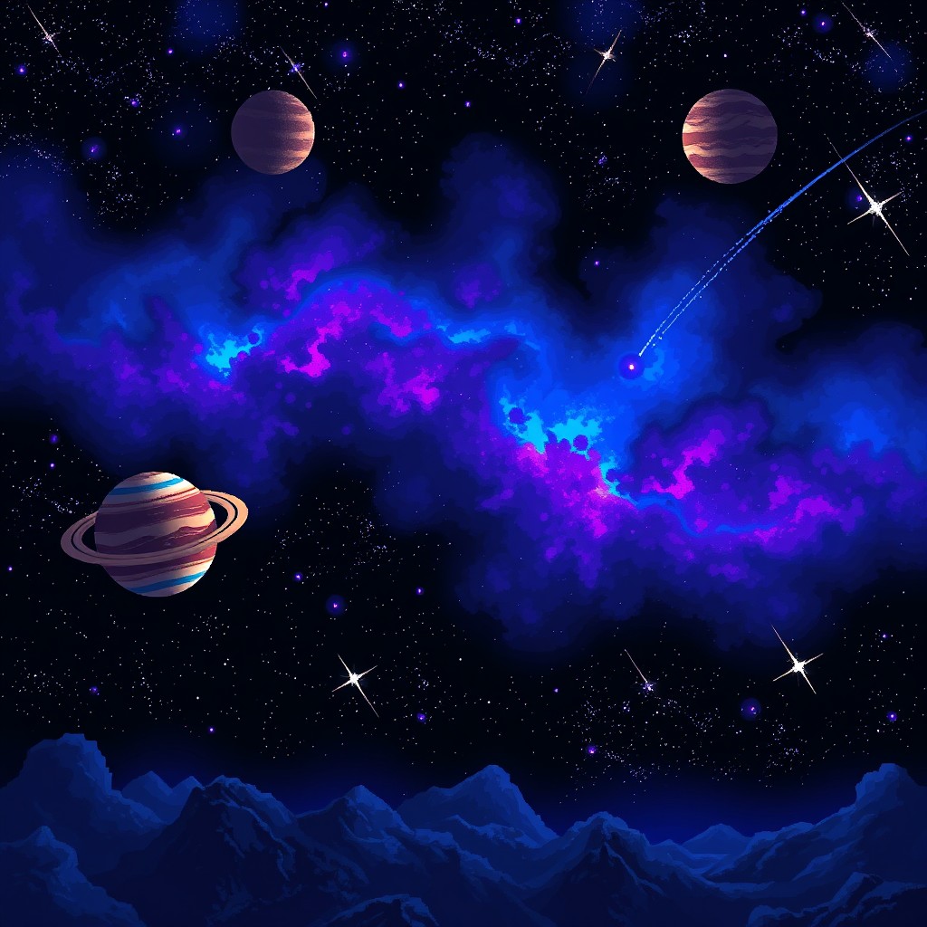 A captivating pixel art style background ideal for a space-themed video game
