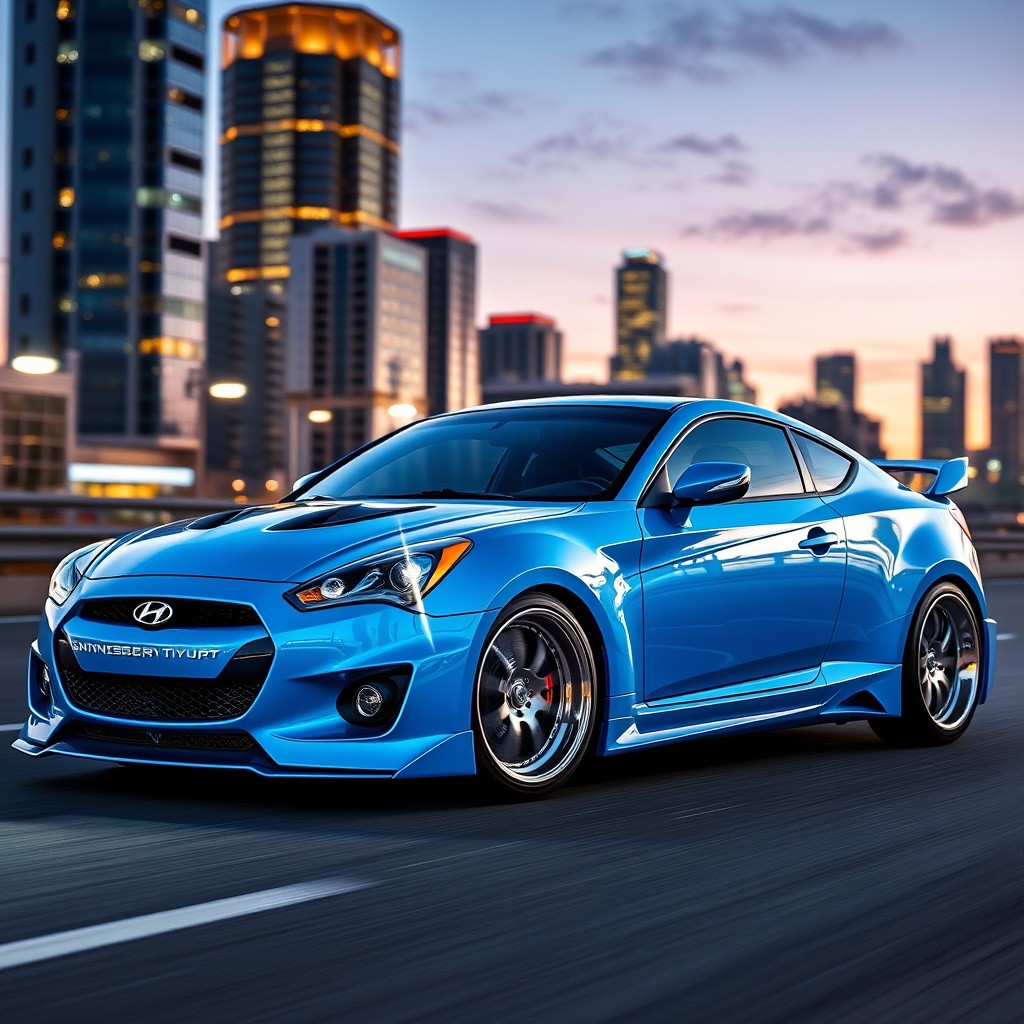 A stunningly modified Hyundai Tiburon in a unique, eye-catching bright blue color
