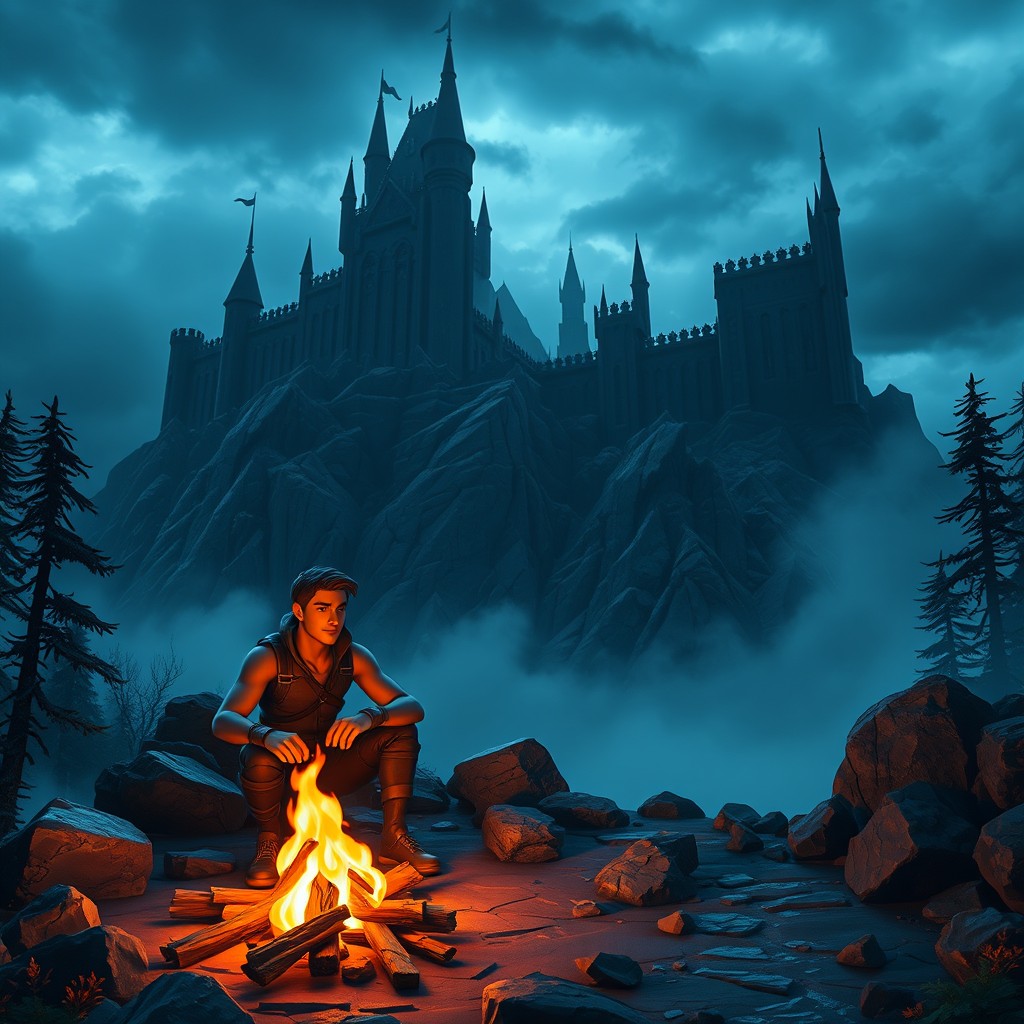 A dark fantasy scene featuring Fortnite hero Jones sitting next to a glowing campfire on a rugged mountain