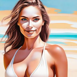 This digital art piece, created in a semi-realistic style, features a striking woman in a bikini with creamy white sunscreen applied on her face