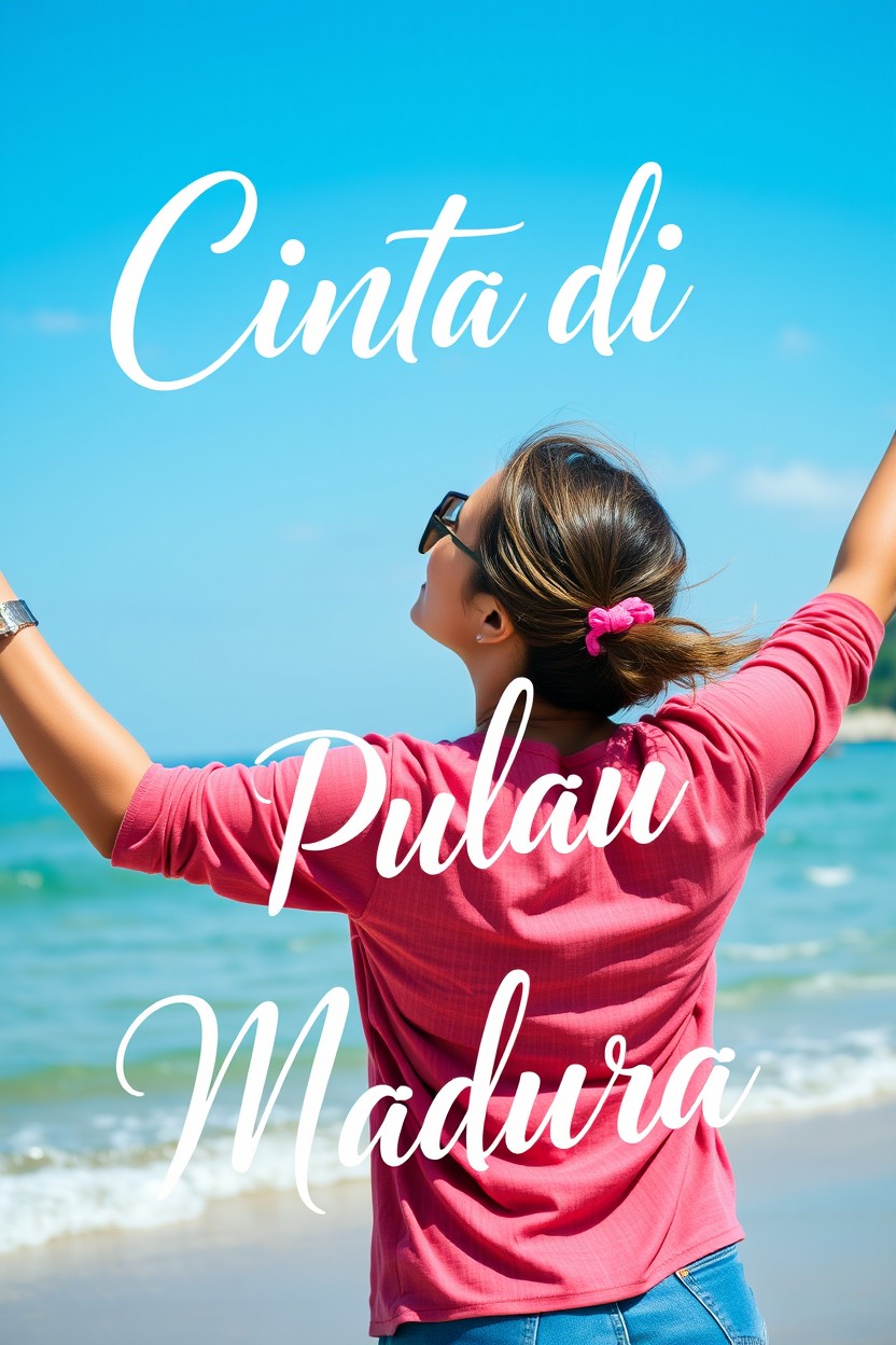 A joyful woman standing at a beach with her arms raised in happiness, facing away from the camera, capturing a vibrant and uplifting atmosphere