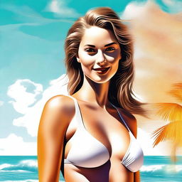 This digital art piece, created in a semi-realistic style, features a striking woman in a bikini with creamy white sunscreen applied on her face