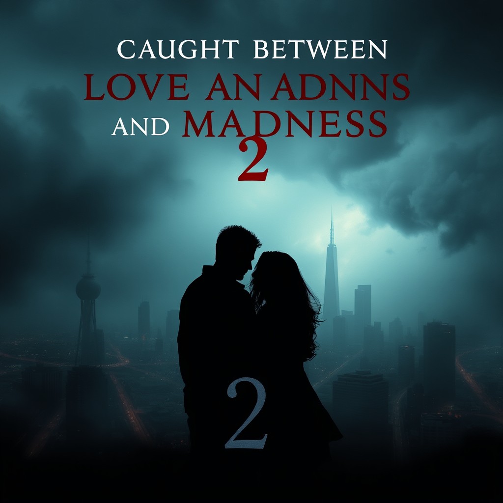 A cinematic, dark visual scene depicting a tense couple against the backdrop of a city engulfed in a storm