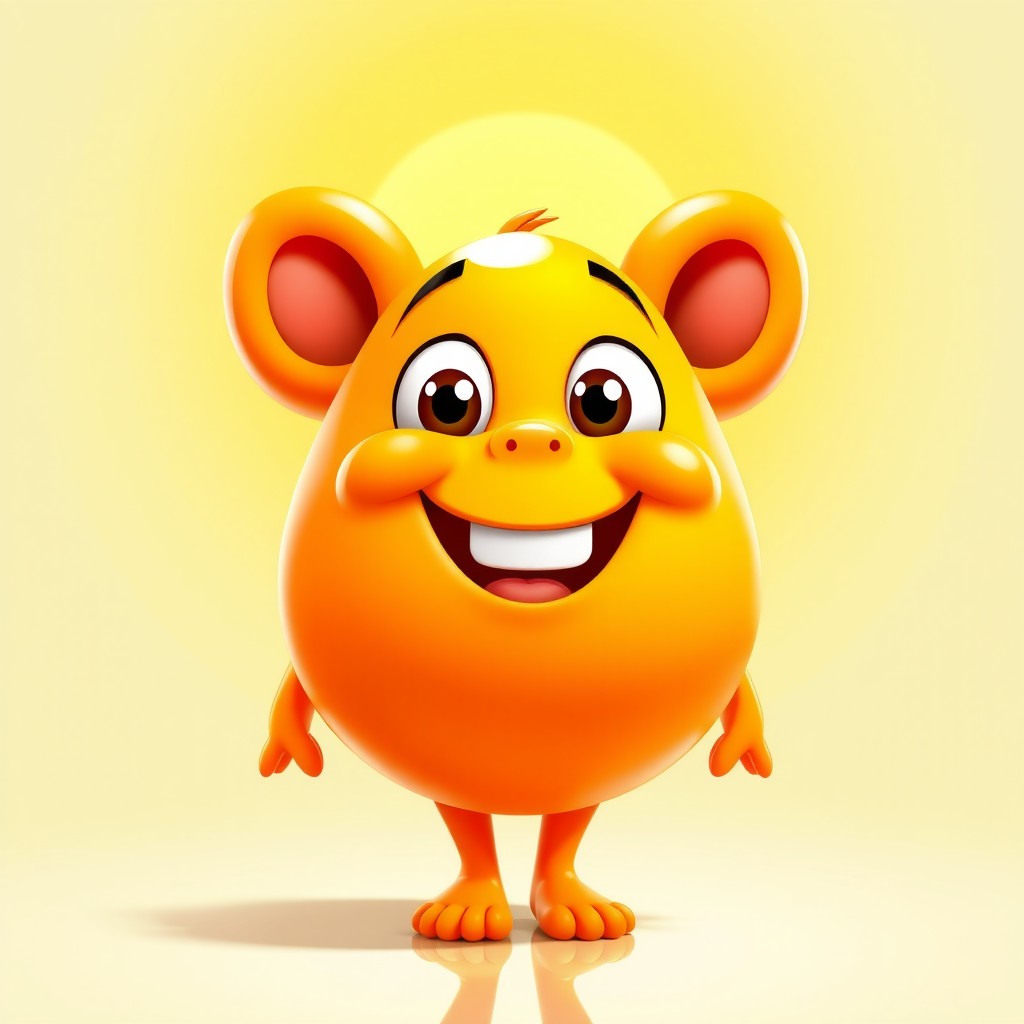 A bright orange, fat, blobby creature exuding happiness, with a shiny, rounded surface and a wide, joyful face