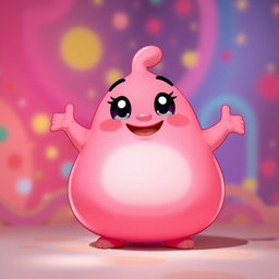 A bright pink, fat, blobby creature radiating happiness, with a smooth, rounded surface and an adorable, joyful face