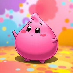 A bright pink, fat, blobby creature radiating happiness, with a smooth, rounded surface and an adorable, joyful face