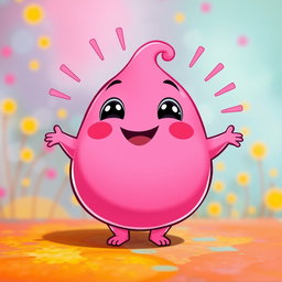 A bright pink, fat, blobby creature radiating happiness, with a smooth, rounded surface and an adorable, joyful face