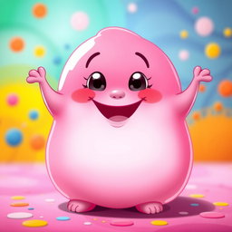 A bright pink, fat, blobby creature radiating happiness, with a smooth, rounded surface and an adorable, joyful face