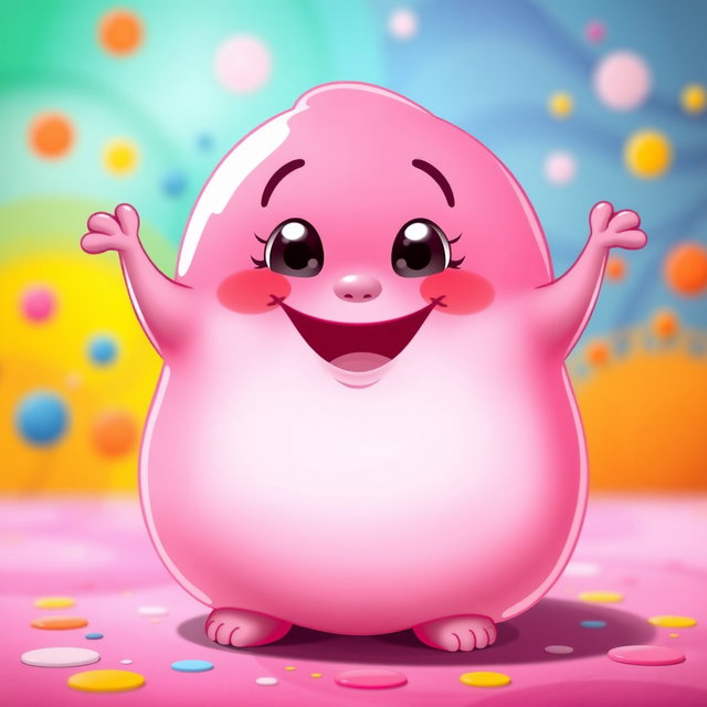 A bright pink, fat, blobby creature radiating happiness, with a smooth, rounded surface and an adorable, joyful face