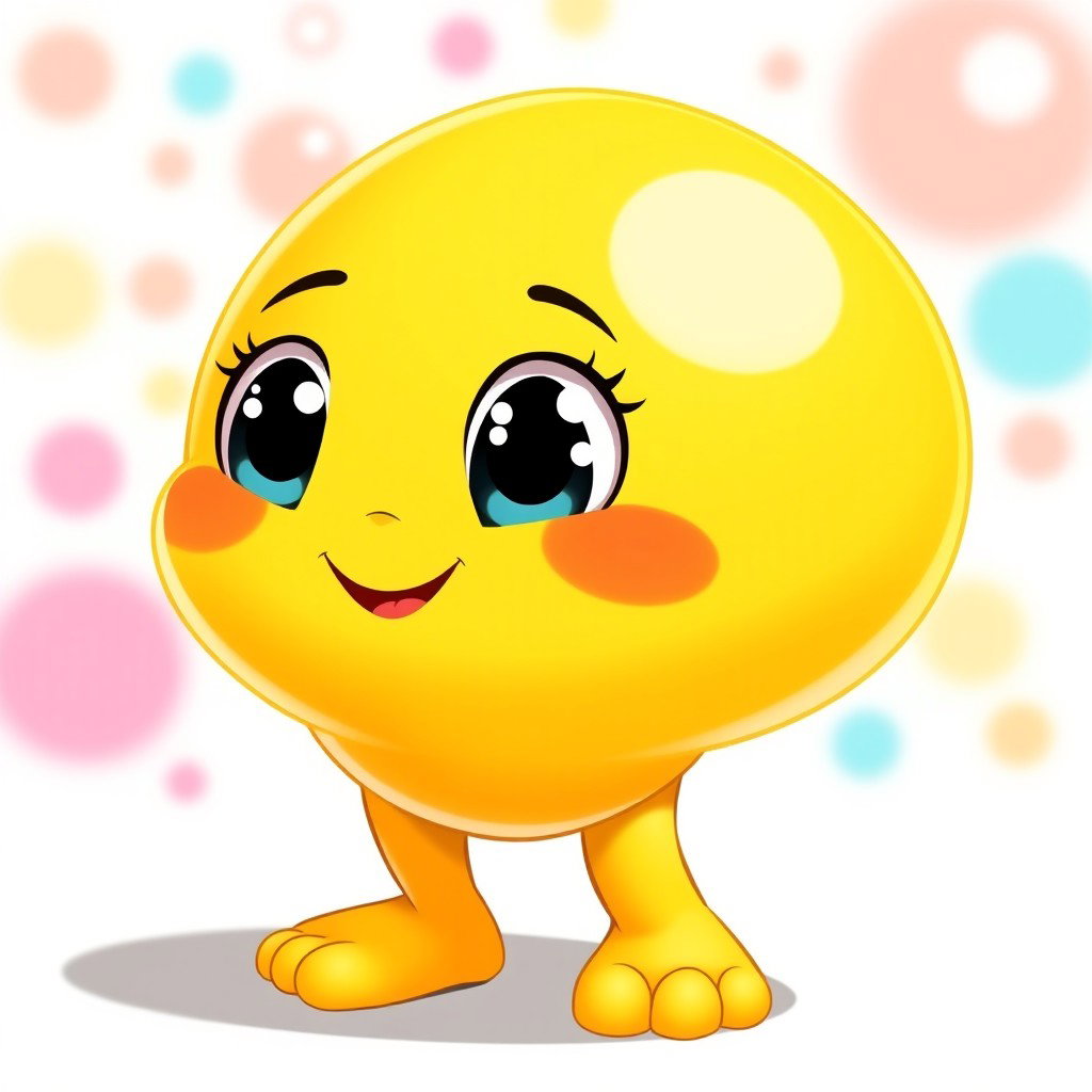 A bright yellow, fat, blobby creature full of happiness, featuring a smooth, rounded body and an adorable, cheerful face